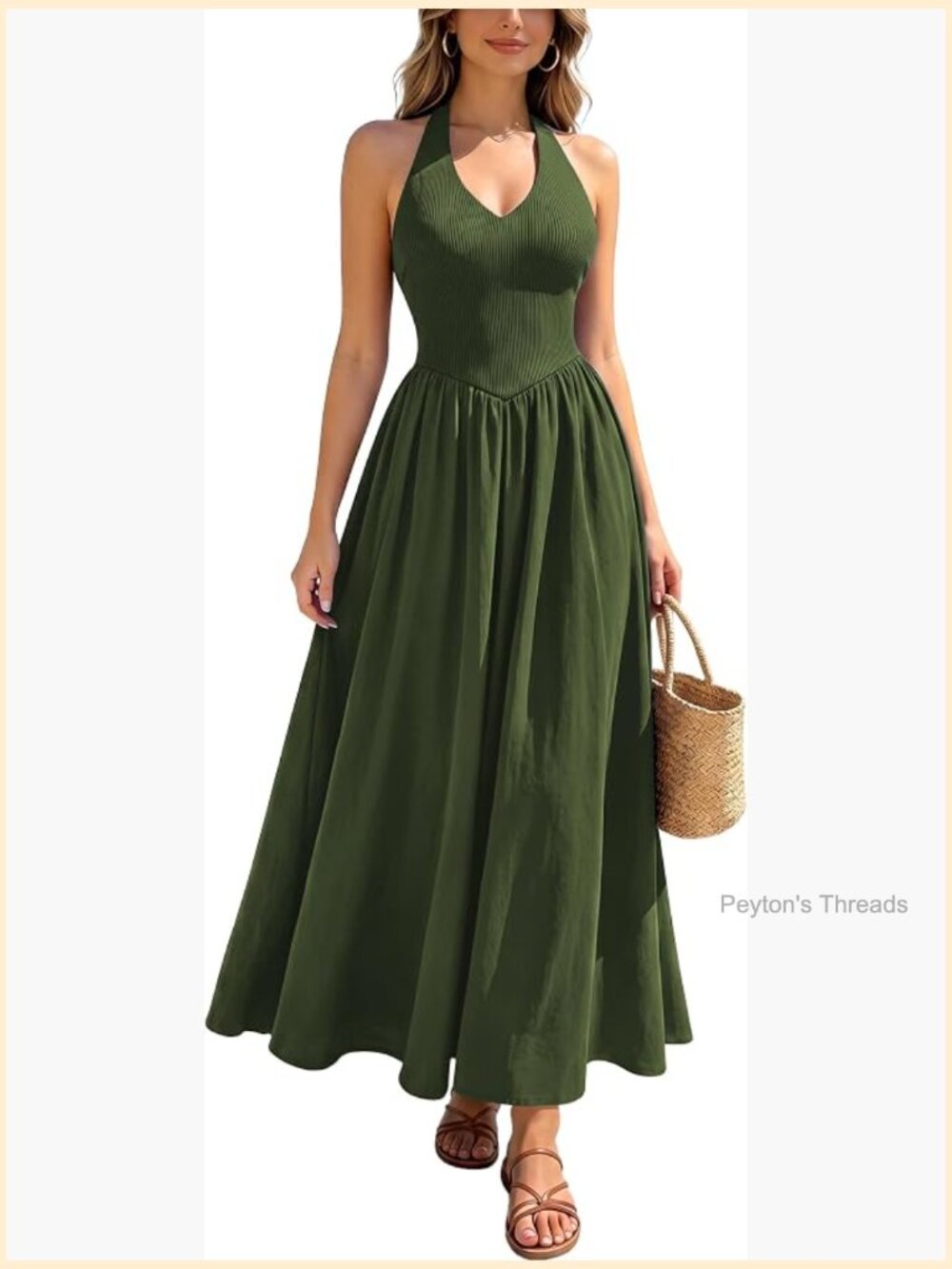 Halter Neck Sleeveless Backless A-Line Flowy Midi Dress with Pockets
